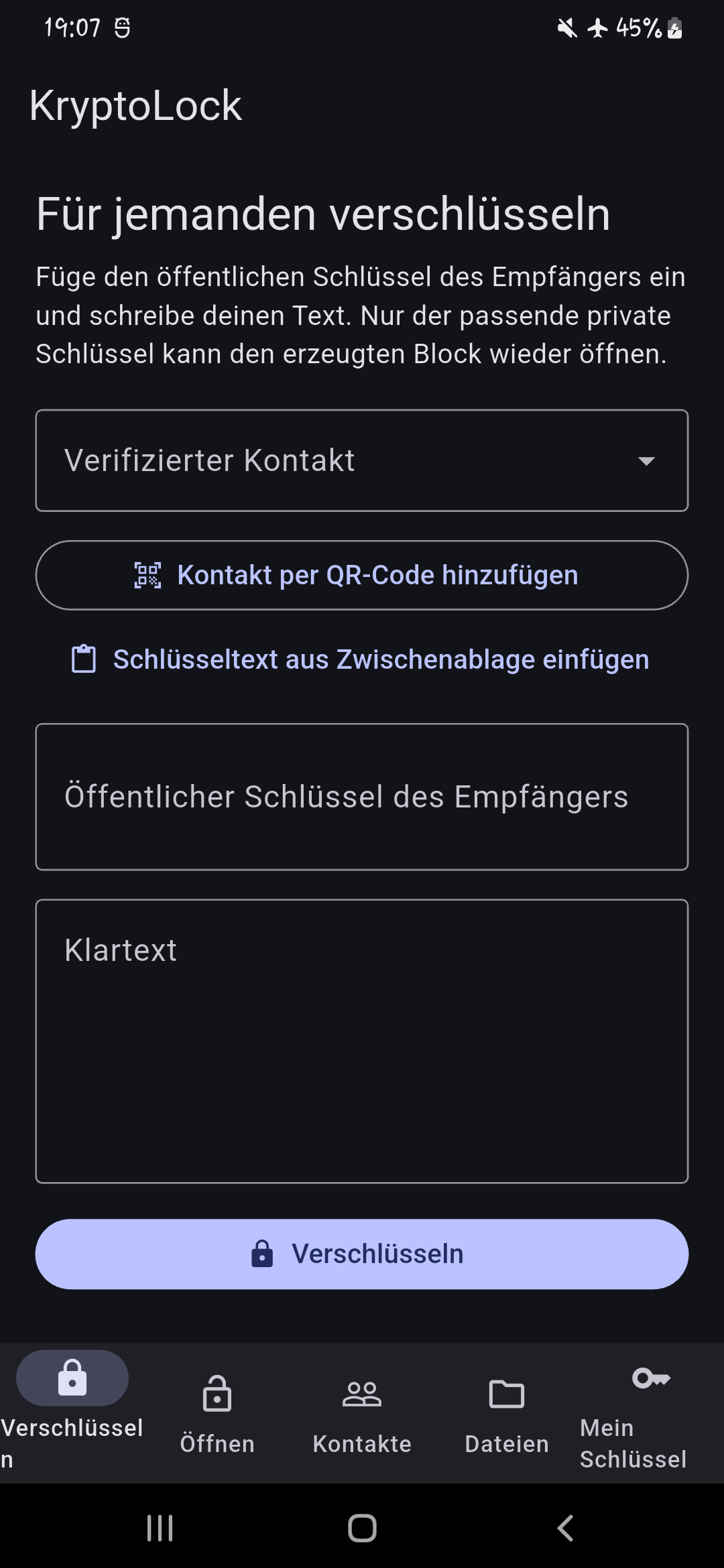 KryptoLock-Ansicht zum lokalen Verschlüsseln von Texten